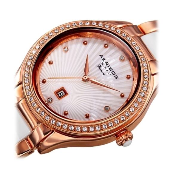 Women's Watch Akribos XXIV Diamond Oyster Quartz Rose Gold Swarovski Crystals - Picture 3 of 5